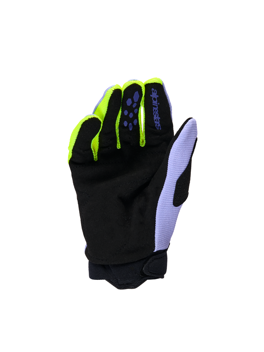 Alpinestars Jeugd & Kinder Full Bore V2 Handschoenen, motorcross handschoenen, paars geel fluo, handpalmzicht met zwart versterkt synthetisch suède, neongele vingeraccenten en lavendelkleurig duimpaneel, duurzame constructie voor jonge off-road rijders