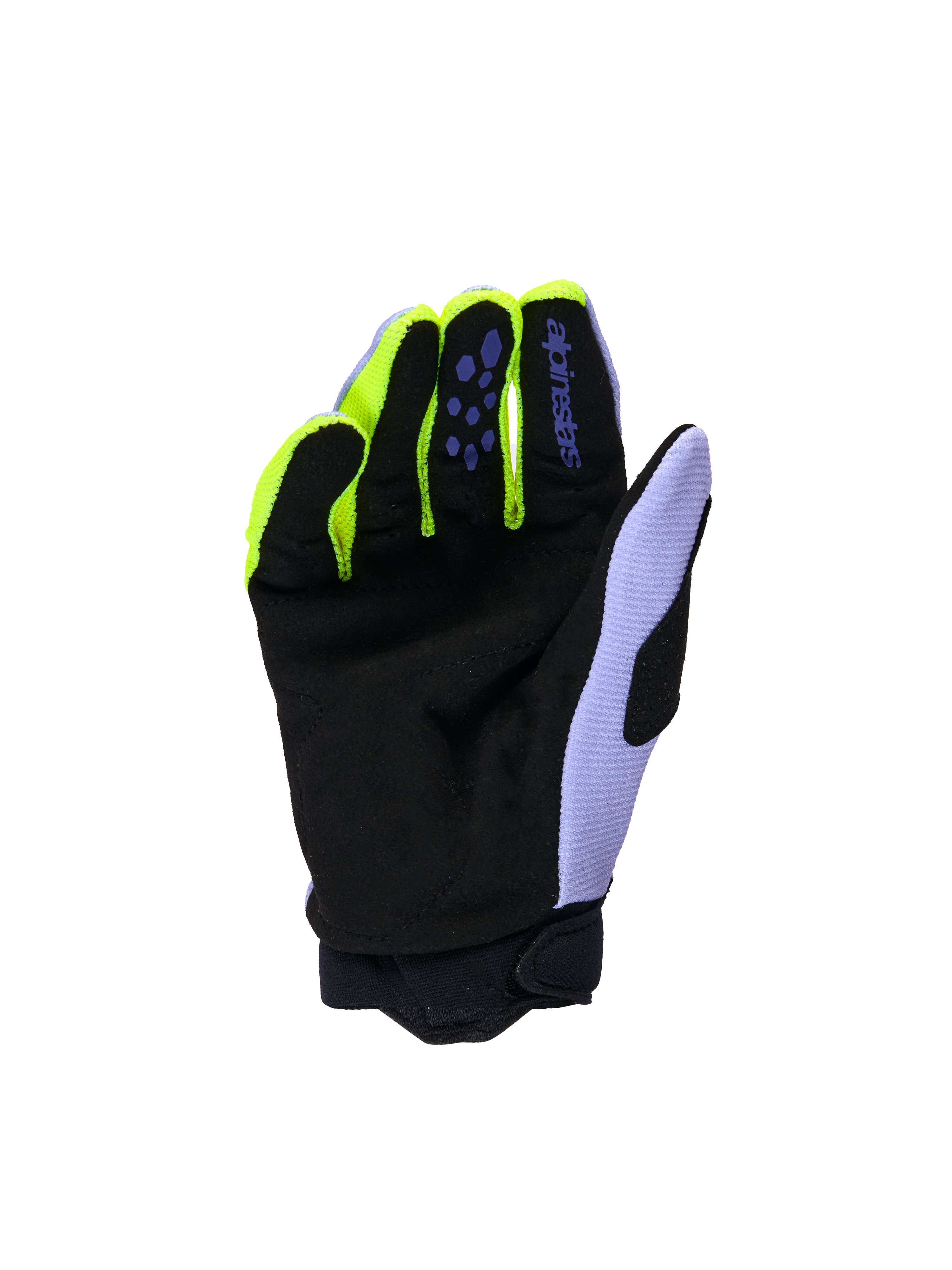 Alpinestars Jeugd & Kinder Full Bore V2 Handschoenen, motorcross handschoenen, paars geel fluo, handpalmzicht met zwart versterkt synthetisch suède, neongele vingeraccenten en lavendelkleurig duimpaneel, duurzame constructie voor jonge off-road rijders