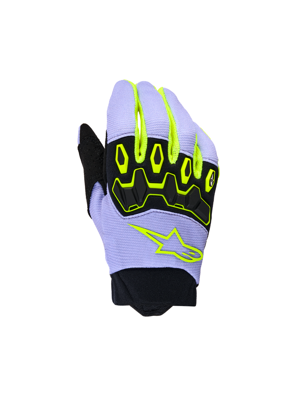 Alpinestars Youth & Kids Full Bore V2 handschoenen, motorcross handschoenen, paars en neongeel, voorzien van zwarte TPR-knokkelbescherming en neongeel Alpinestars sterlogo, ademende constructie met neopreen manchet, sportief off-road ontwerp