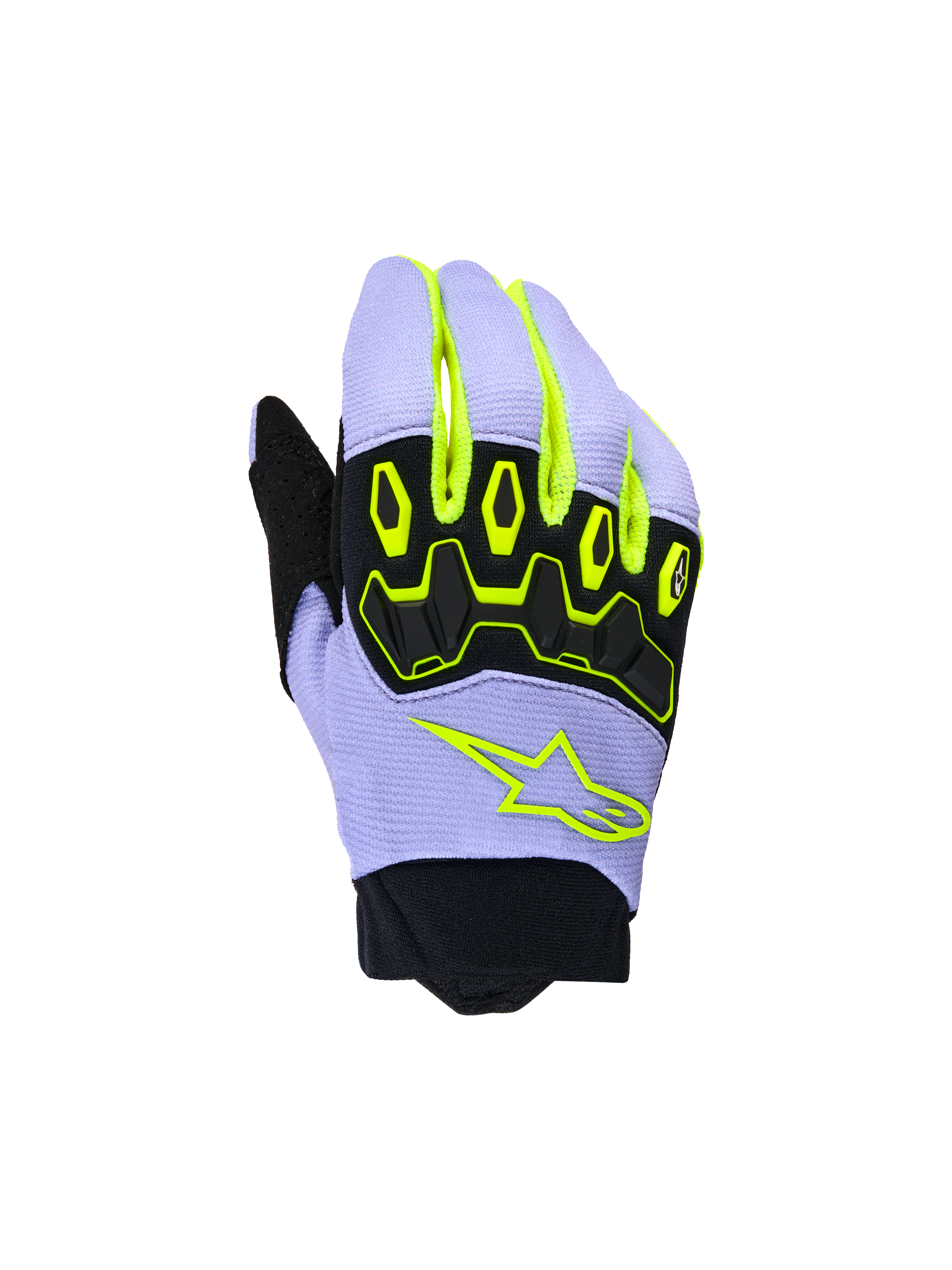 Alpinestars Youth & Kids Full Bore V2 handschoenen, motorcross handschoenen, paars en neongeel, voorzien van zwarte TPR-knokkelbescherming en neongeel Alpinestars sterlogo, ademende constructie met neopreen manchet, sportief off-road ontwerp