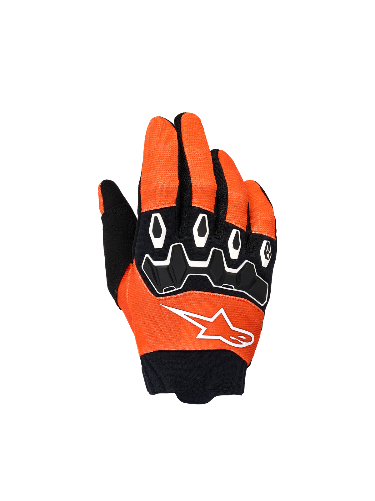 Alpinestars Youth & Kids Full Bore V2 Gloves, Motocross Gloves, Orange White and Black, featuring black TPR knuckle protection with white geometric patterns, white star logo, and black neoprene cuff, youth off-road riding gear
