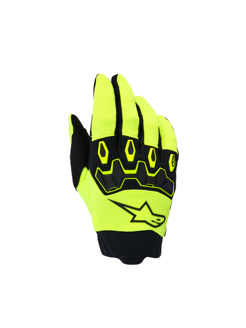 Gants Alpinestars Junior & Enfant Full Bore V2, gants de motocross pour enfant, jaune fluo et noir, vue du dos de la main avec logo étoile noir et protection d'articulations ergonomique en TPR, design sportif pour la course tout-terrain
