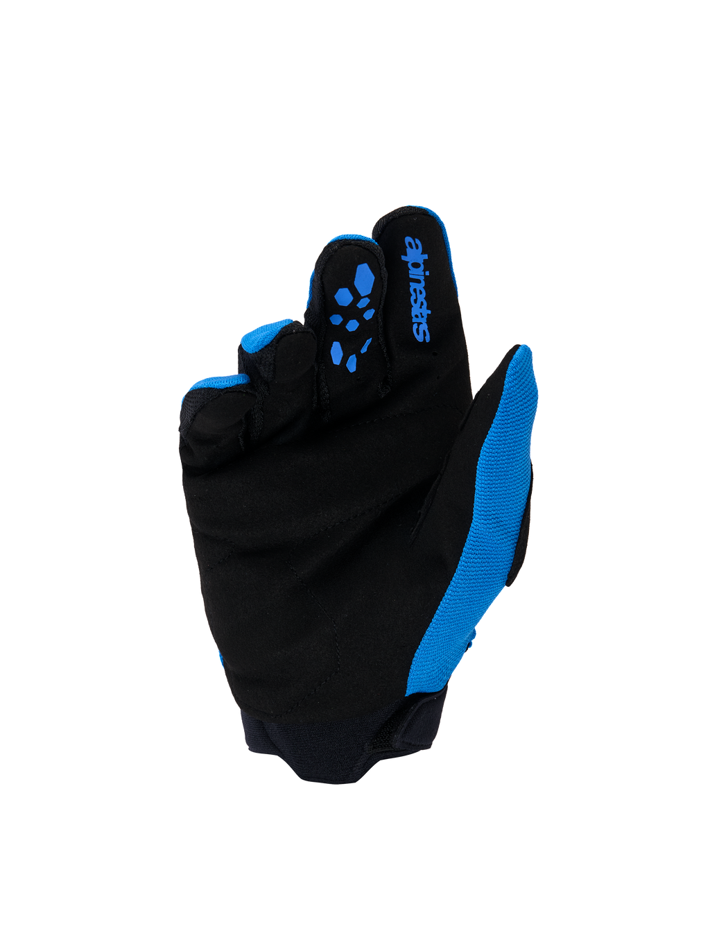 Alpinestars Youth & Kids Full Bore V2-handschoenen, motorcrosshandschoenen, UCLA blauw en zwart, handpalmaanzicht met versterkt zwart synthetisch suède en blauwe siliconen grippatronen op de vingers, blauwe Alpinestars-branding op de wijsvinger, hoogwaardige off-road uitrusting voor jonge rijders