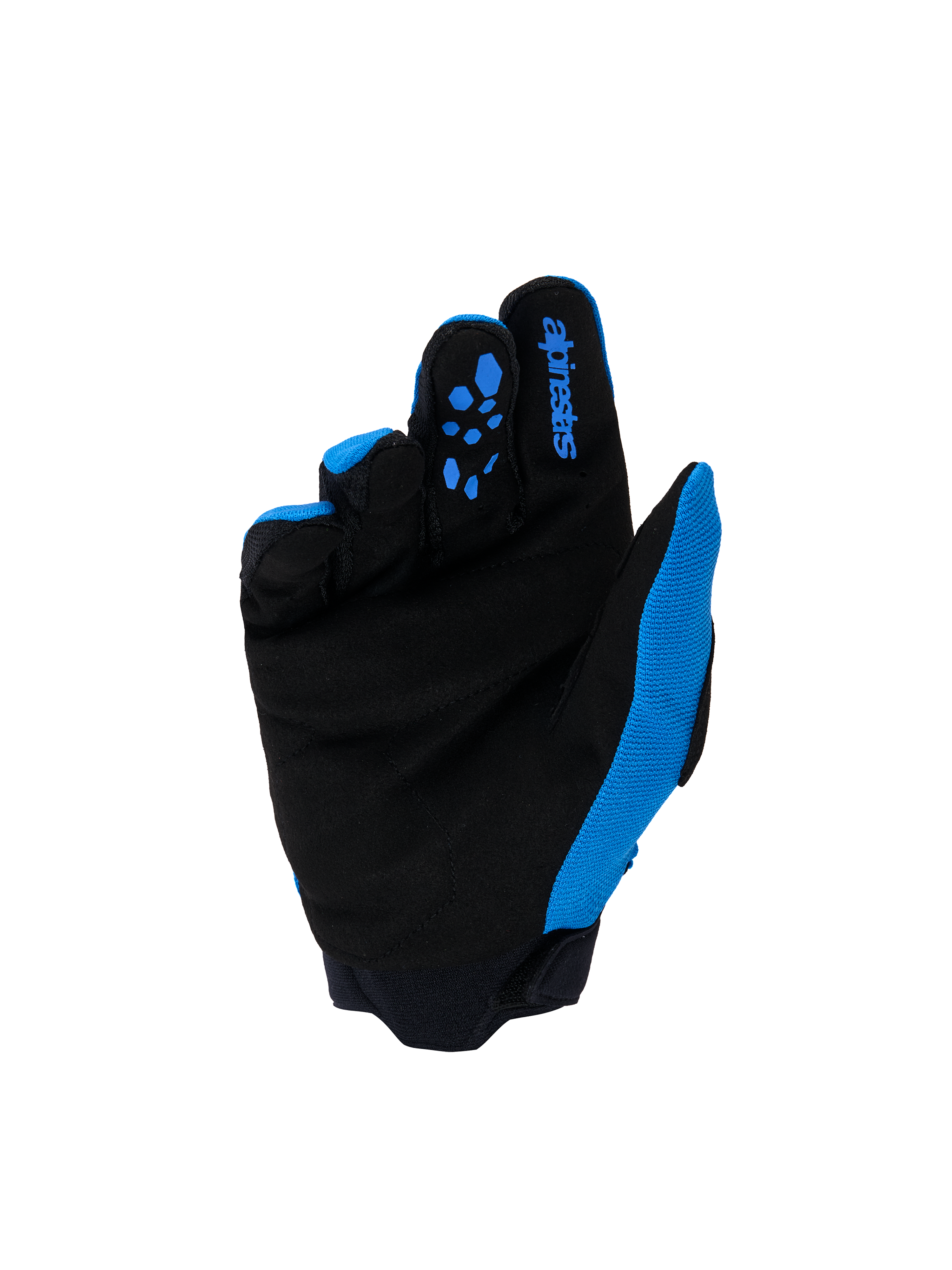Alpinestars Youth & Kids Full Bore V2-handschoenen, motorcrosshandschoenen, UCLA blauw en zwart, handpalmaanzicht met versterkt zwart synthetisch suède en blauwe siliconen grippatronen op de vingers, blauwe Alpinestars-branding op de wijsvinger, hoogwaardige off-road uitrusting voor jonge rijders