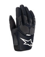 Gants Alpinestars Youth 2024 Thermo Shielder, gants de motocross noirs, vue du dos de la main montrant le grand logo étoile Alpinestars blanc sur la manchette, panneaux de protection gris sur les articulations et construction en néoprène pour la conduite par temps froid.