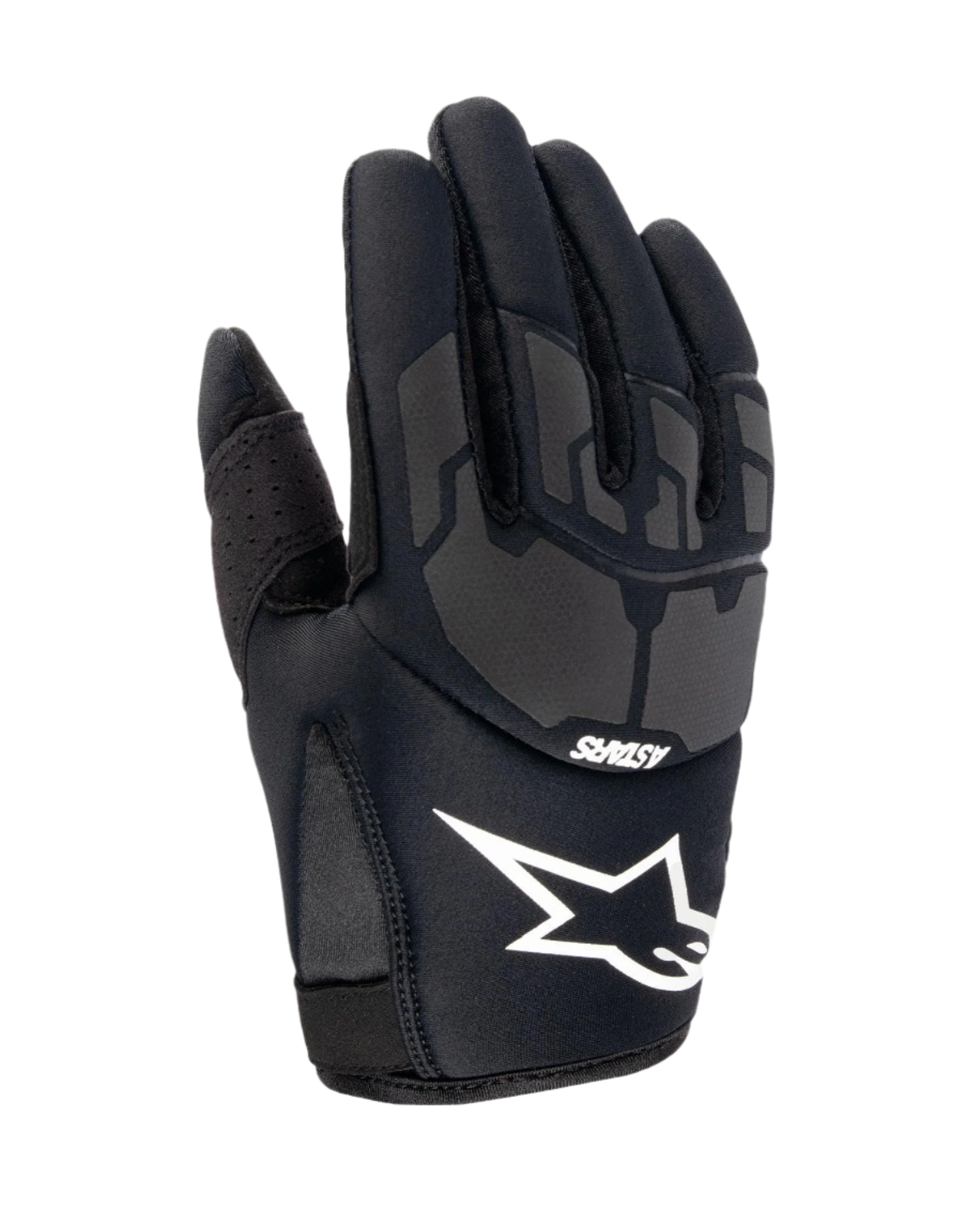 Gants Alpinestars Youth 2024 Thermo Shielder, gants de motocross noirs, vue du dos de la main montrant le grand logo étoile Alpinestars blanc sur la manchette, panneaux de protection gris sur les articulations et construction en néoprène pour la conduite par temps froid.