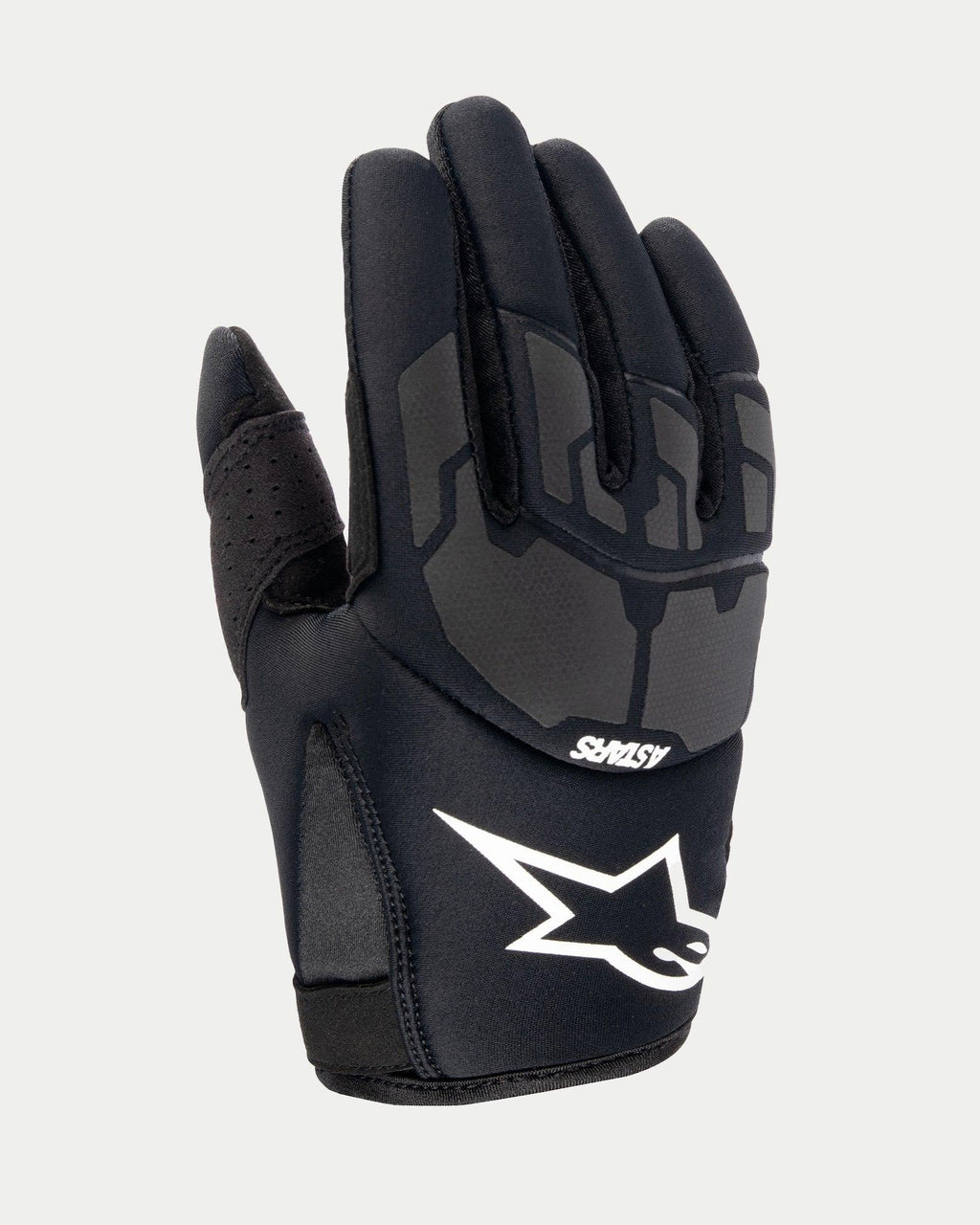 Alpinestars Youth 2024 Thermo Shielder handschoenen, zwarte jeugd motorcrosshandschoenen, bovenaanzicht met neopreen constructie, grijze laser-gelamineerde beschermende patronen, wit Alpinestars-logo en ASTARS-branding, geïsoleerd voor off-road rijden bij koud weer
