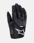 Alpinestars Youth 2024 Thermo Shielder handschoenen, zwarte jeugd motorcrosshandschoenen, bovenaanzicht met neopreen constructie, grijze laser-gelamineerde beschermende patronen, wit Alpinestars-logo en ASTARS-branding, geïsoleerd voor off-road rijden bij koud weer