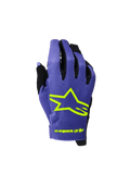 Alpinestars 2026 Youth Radar handschoenen, motorcross- en MTB-handschoenen, paars en fluorgeel, met een opvallend neongeel sterlogo en branding, zwarte accenten tussen de vingers, lichtgewicht getextureerde stof voor off-road racen