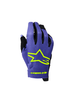 Gants Alpinestars Youth Radar 2026, gants de motocross et de VTT, violet et jaune fluo, avec logo étoile et marquage jaune fluo, accents noirs entre les doigts, tissu texturé léger pour la course tout-terrain