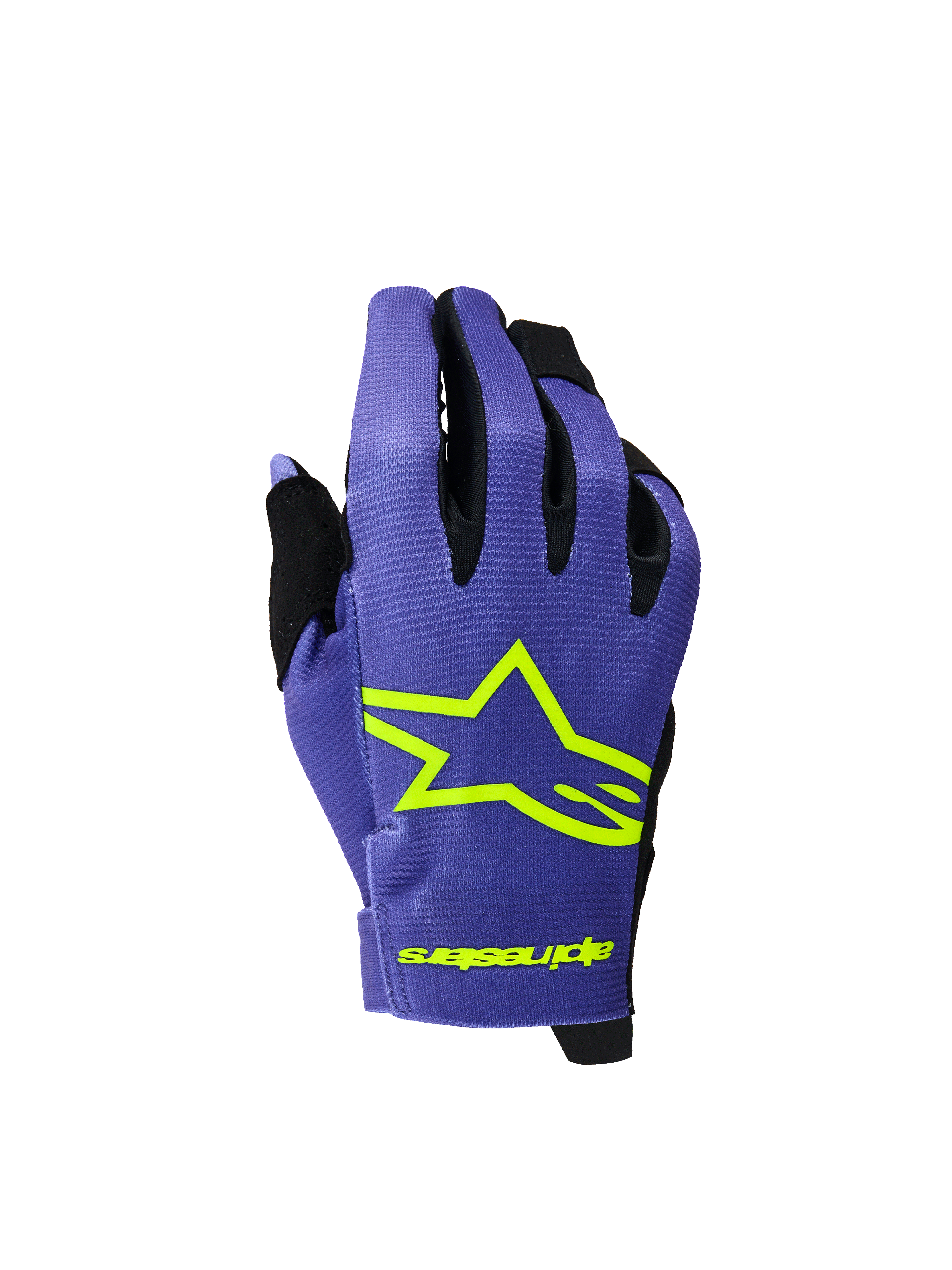 Alpinestars 2026 Youth Radar handschoenen, motorcross- en MTB-handschoenen, paars en fluorgeel, met een opvallend neongeel sterlogo en branding, zwarte accenten tussen de vingers, lichtgewicht getextureerde stof voor off-road racen