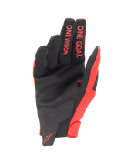 Alpinestars Jugend 2024 Radar Handschuhe, Motocross-Handschuhe, Mars Rot und Schwarz, Handflächenansicht mit synthetischer Wildlederkonstruktion, 'ONE GOAL ONE VISION' Schriftzug auf den Fingern, leichte Offroad-Rennausrüstung