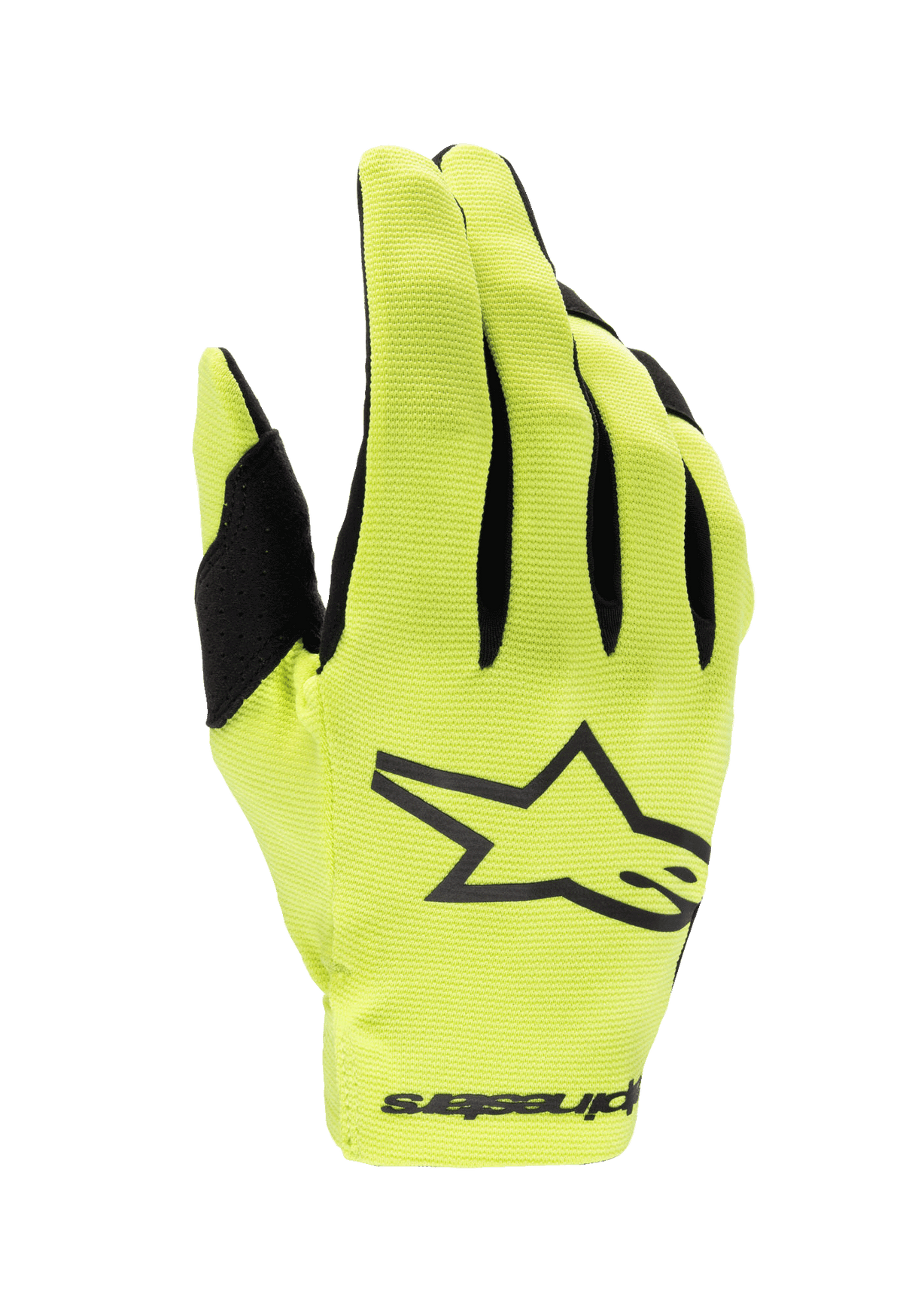 Gants Radar Junior 2024 Alpinestars, gants de motocross, jaune fluo et noir, dotés d'un grand logo étoile noir sur le dos de la main, tissu extensible léger avec des touches de noir sur les doigts, protection de course performante pour les jeunes