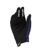 Gants Radar Junior Alpinestars 2025, gants de motocross, bleu marine et noir, avec paume en suède synthétique affichant les messages « ONE GOAL » et « ONE VISION » en blanc sur les doigts, logo Astars blanc au poignet, construction monocouche pour le tout-terrain
