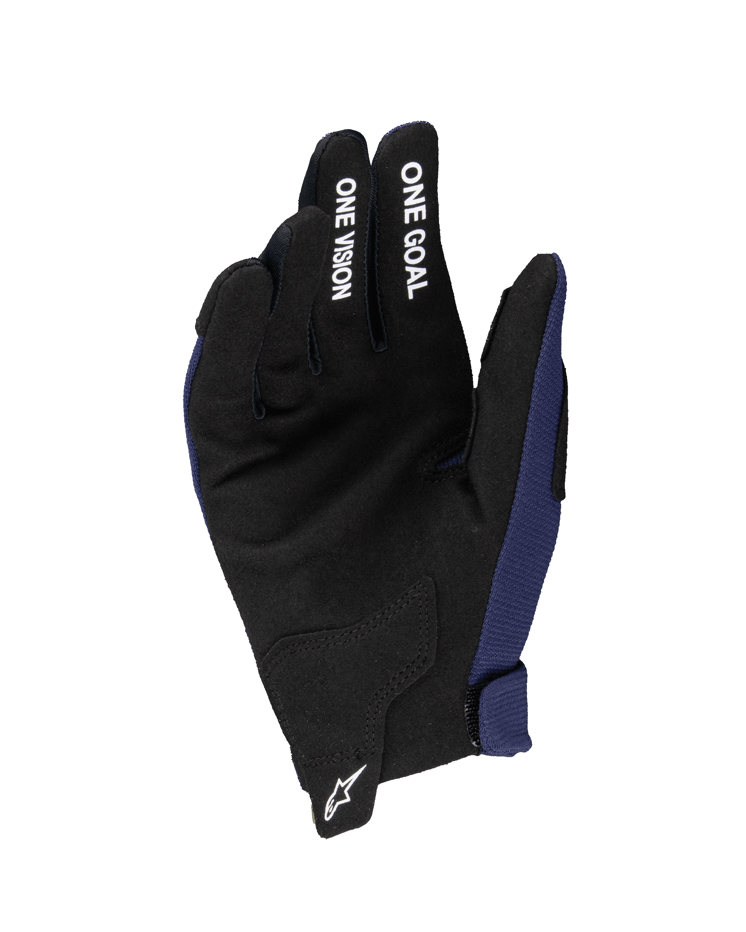 Gants Radar Junior Alpinestars 2025, gants de motocross, bleu marine et noir, avec paume en suède synthétique affichant les messages « ONE GOAL » et « ONE VISION » en blanc sur les doigts, logo Astars blanc au poignet, construction monocouche pour le tout-terrain