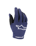 Gants Alpinestars 2025 Youth Radar, gants de motocross, bleu marine et blanc, avec un logo étoile blanc sur le dos de la main et le nom Alpinestars au poignet, construction extensible monocouche pour la course tout-terrain