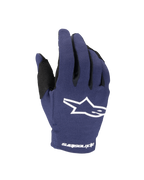 Gants Alpinestars 2025 Youth Radar, gants de motocross, bleu marine et blanc, avec un logo étoile blanc sur le dos de la main et le nom Alpinestars au poignet, construction extensible monocouche pour la course tout-terrain