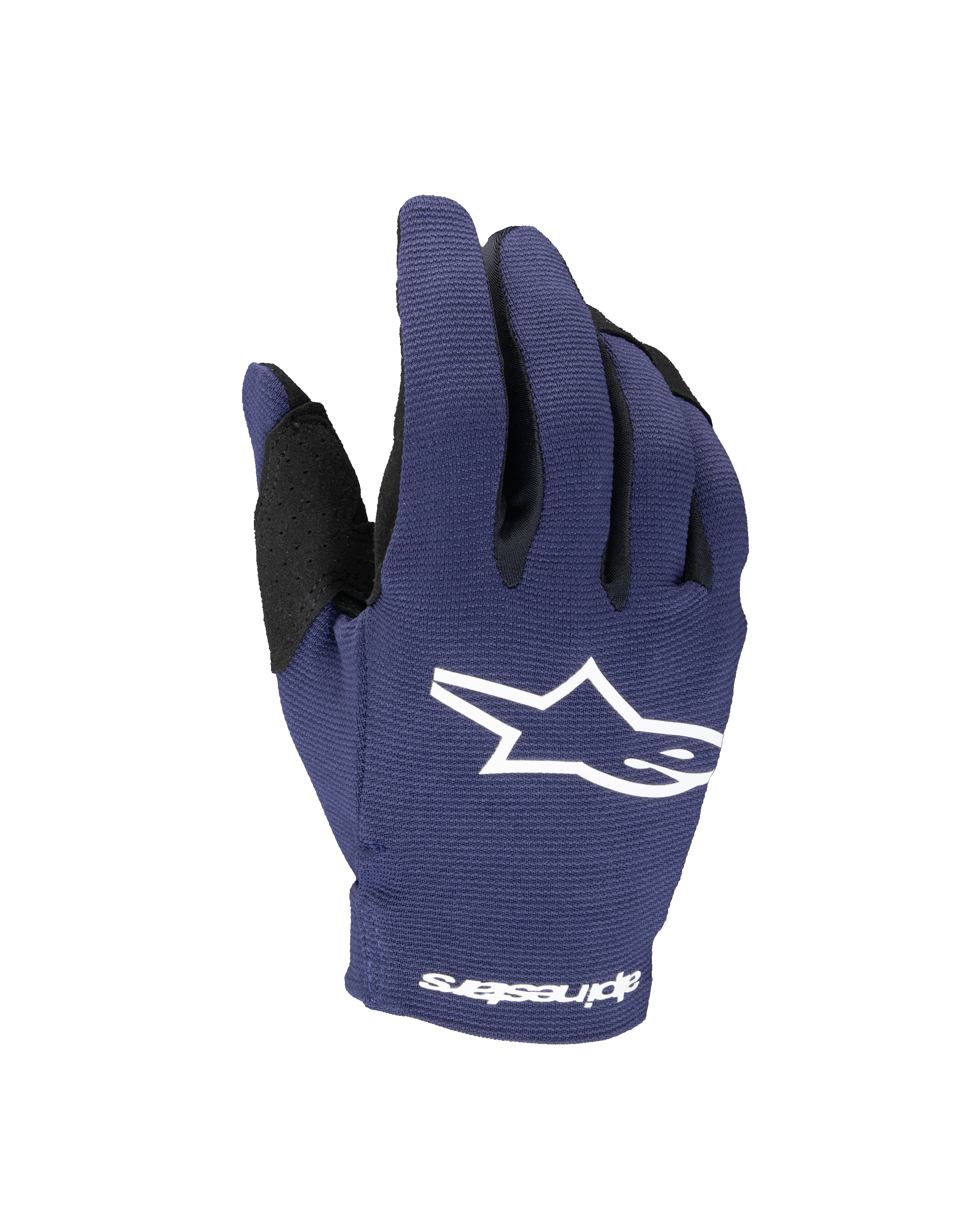 Alpinestars 2025 Youth Radar Handschuhe, Motocross-Handschuhe, Night Navy und Weiß, mit weißem Stern-Logo auf dem Handrücken und Alpinestars-Schriftzug am Handgelenk, einlagige Stretch-Konstruktion für Offroad-Rennsport