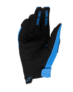 Alpinestars 2025 Youth Radar Handschuhe, Motocross-Handschuhe, Blau und Schwarz, Handflächenansicht mit synthetischer Wildlederkonstruktion, blauer „ONE GOAL“- und „ONE VISION“-Schriftzug auf den Fingern, kleines blaues Alpinestars-Logo am Handgelenkverschluss