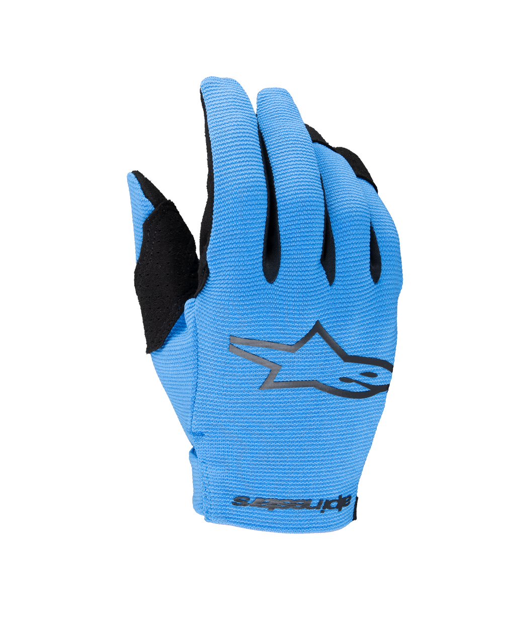 Alpinestars 2025 Youth Radar Handschuhe, Motocross-Offroad-Handschuhe, Blau und Schwarz, mit einer texturierten hellblauen Oberhand, einem schwarzen Stern-Logo und Alpinestars-Branding am Handgelenk, Motorradhandschuhe für Jugendliche