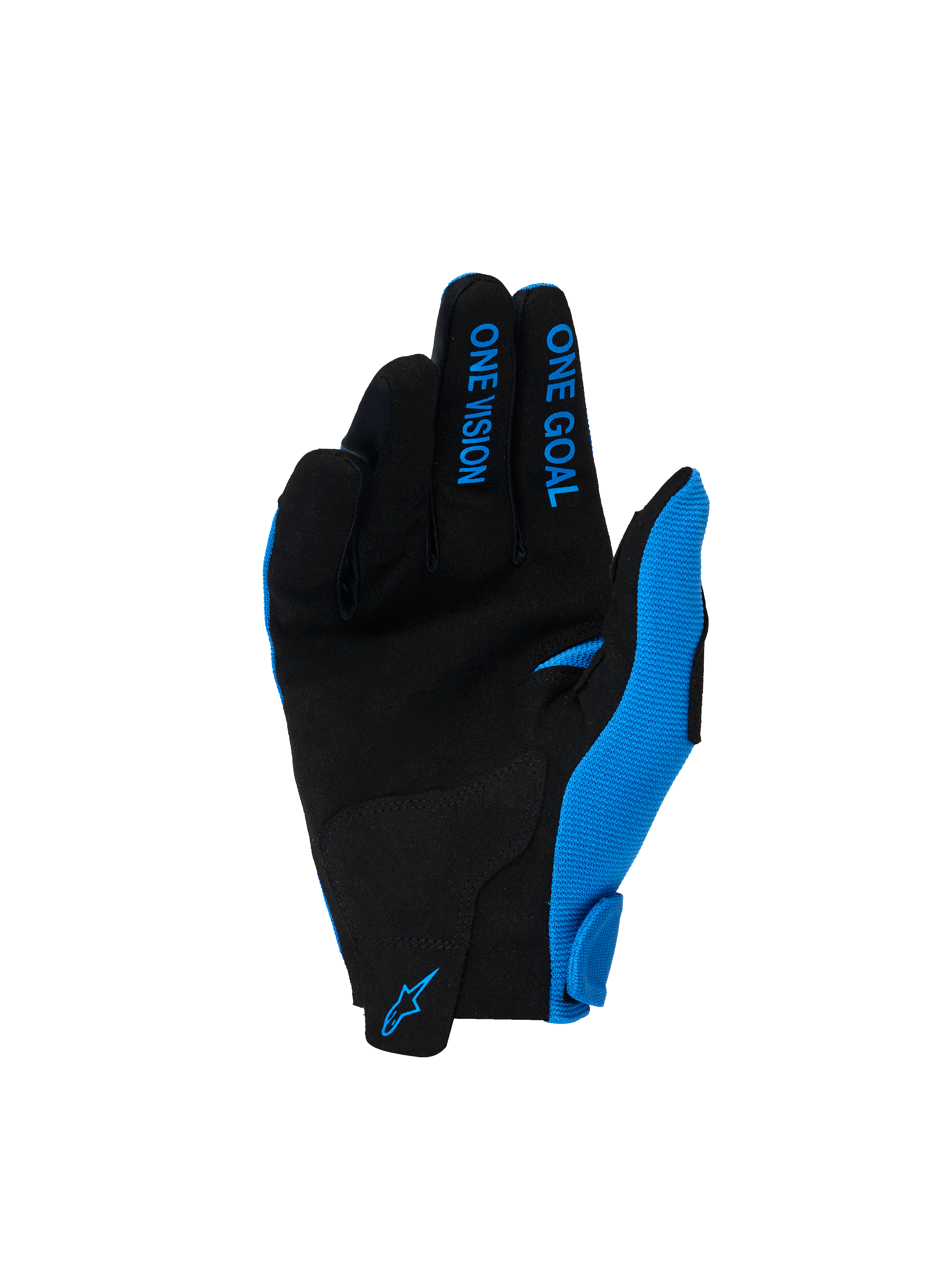 Alpinestars 2026 Youth Radar Handschuhe, Motocross-Handschuhe, Ucla Blau und Weiß, Handfläche aus synthetischem Wildleder in Schwarz, blauer „ONE GOAL“ und „ONE VISION“ Schriftzug auf den Fingern, blaues Alpinestars-Logo am Handgelenk, entwickelt für Offroad-Performance