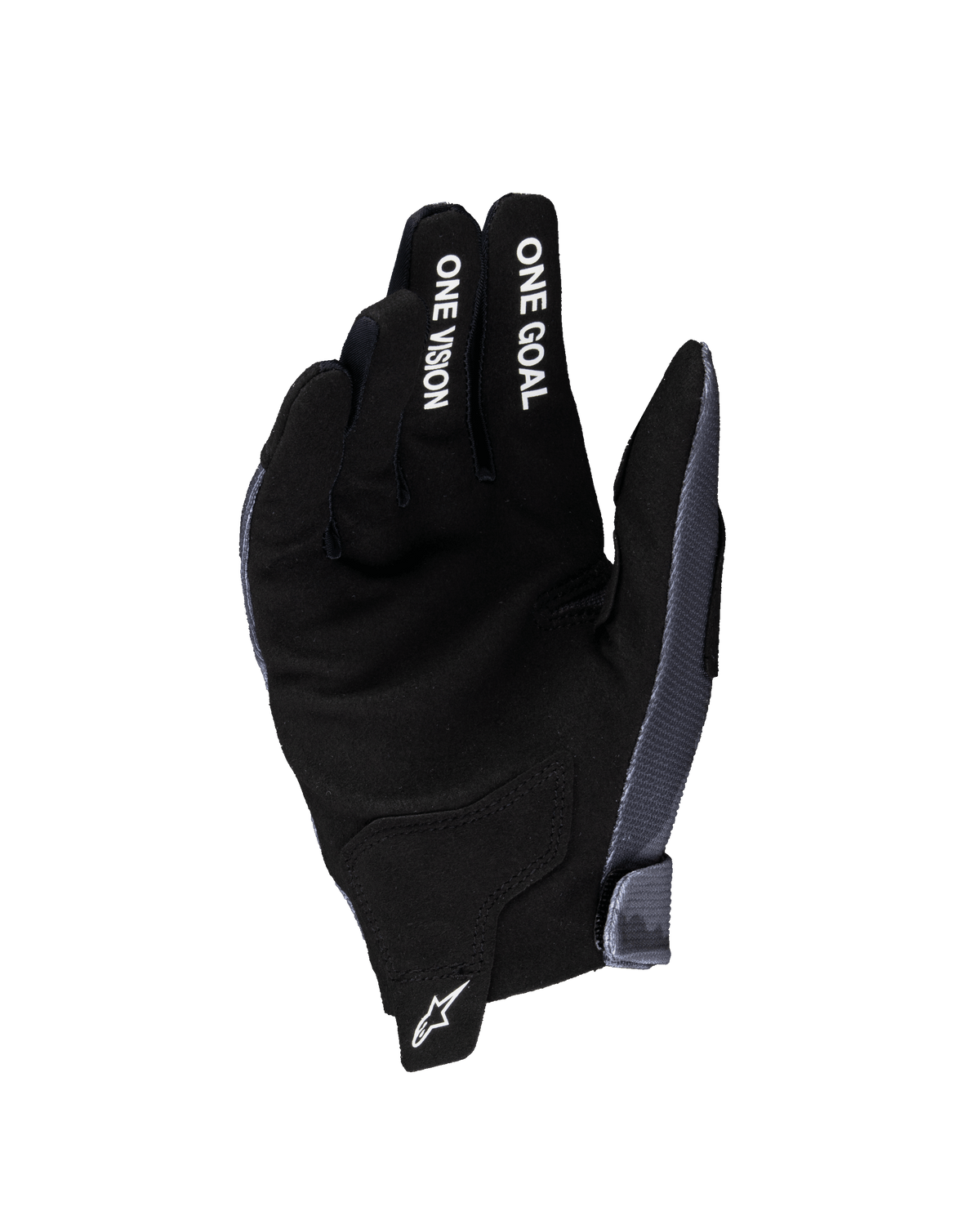 Alpinestars 2025 Youth Radar Gloves, gants de motocross, gris et noir, vue du côté de la paume en suède synthétique, texte blanc « ONE GOAL » et « ONE VISION » sur les doigts, logo étoile blanc sur la languette de traction au poignet, spécialisés pour la course tout-terrain jeunesse