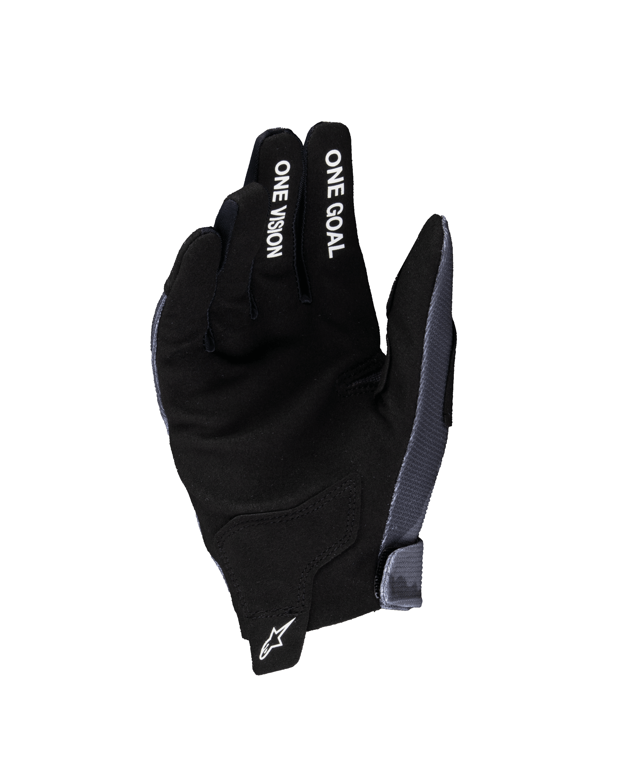 Alpinestars 2025 Youth Radar Handschuhe, Motocross-Handschuhe, Grau und Schwarz, Handflächenansicht mit synthetischem Wildledermaterial, weißer „ONE GOAL“ und „ONE VISION“ Text auf den Fingern, weißes Stern-Logo auf der Zuglasche, spezialisiert auf Offroad-Rennsport für Jugendliche
