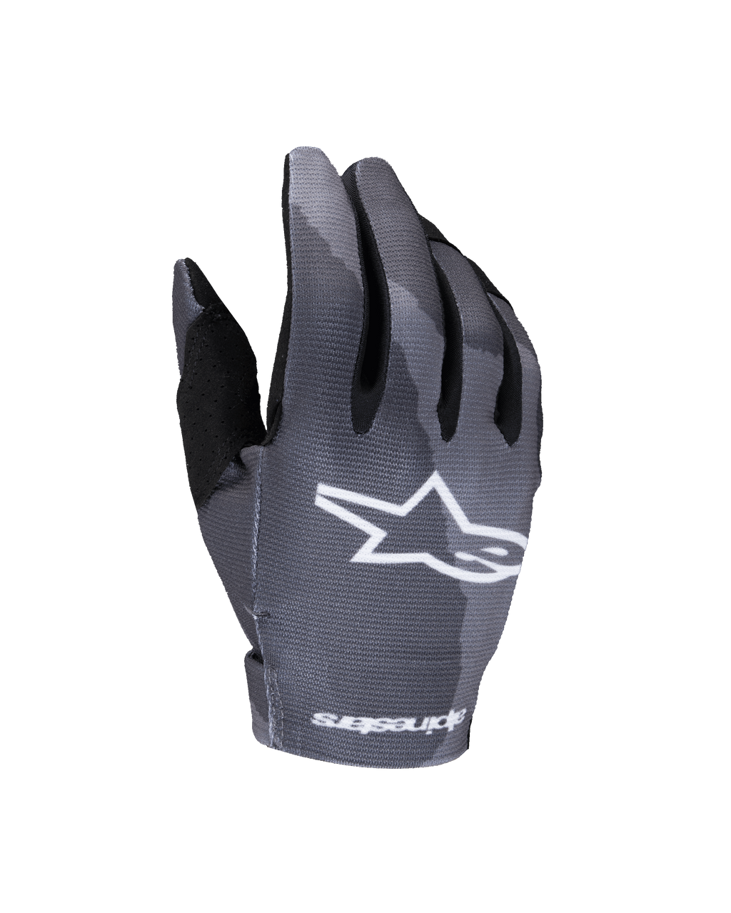 Alpinestars 2025 Youth Radar Handschuhe, Motocross-Handschuhe, Gray Dark Camo, mit weißem Stern-Logo auf dem Handrücken, sublimiertem Camouflage-Muster, schwarzer Daumenverstärkung und leichter Konstruktion für Jugend-Offroad-Rennsport