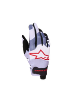Alpinestars gants Radar Junior, gants de motocross gris et rouges pour enfant, motif camouflage et logo étoile rouge.