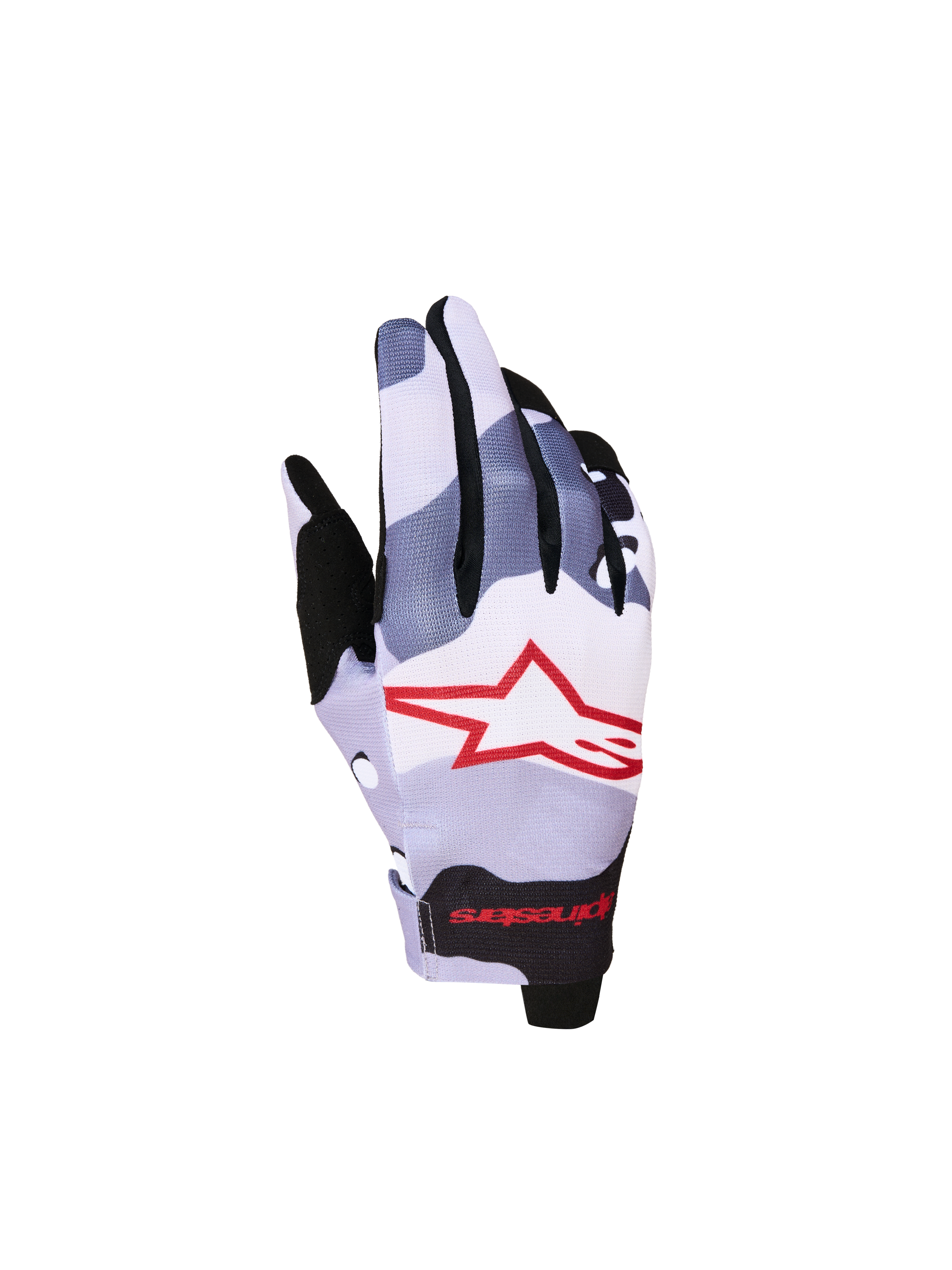 Alpinestars Jeugd Radar handschoenen, motorcrosshandschoenen voor kinderen, grijs en rood camouflagepatroon met ster-logo.