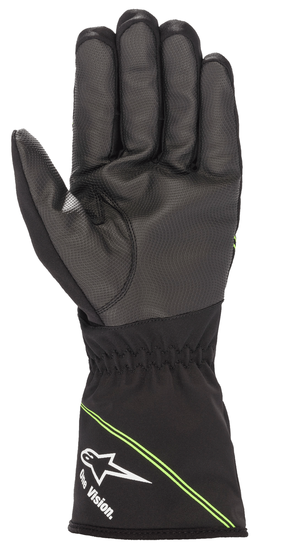 Alpinestars Jeugd Tempest V2 waterdichte handschoenen, karthandschoenen, zwart met fluorescerend groene accenten, palmzicht met getextureerd rubbercomposiet voor verbeterde grip, lange manchet met wit Alpinestars-logo en 'One Vision.' branding, diagonale groene strepen, ontworpen voor racen in natte weersomstandigheden