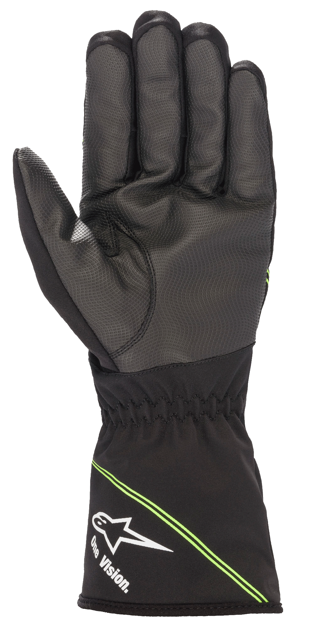 Gants imperméables Alpinestars Youth Tempest V2, gants de karting, noir avec accents vert fluo, vue de la paume montrant un composite de caoutchouc texturé pour une meilleure adhérence, manchette longue avec logo Alpinestars blanc et marquage « One Vision. », rayures diagonales vertes, conçus pour la course par temps humide