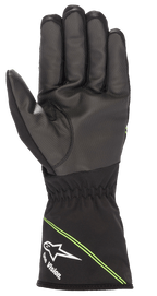 Alpinestars Jeugd Tempest V2 waterdichte handschoenen, karthandschoenen, zwart met fluorescerend groene accenten, palmzicht met getextureerd rubbercomposiet voor verbeterde grip, lange manchet met wit Alpinestars-logo en 'One Vision.' branding, diagonale groene strepen, ontworpen voor racen in natte weersomstandigheden