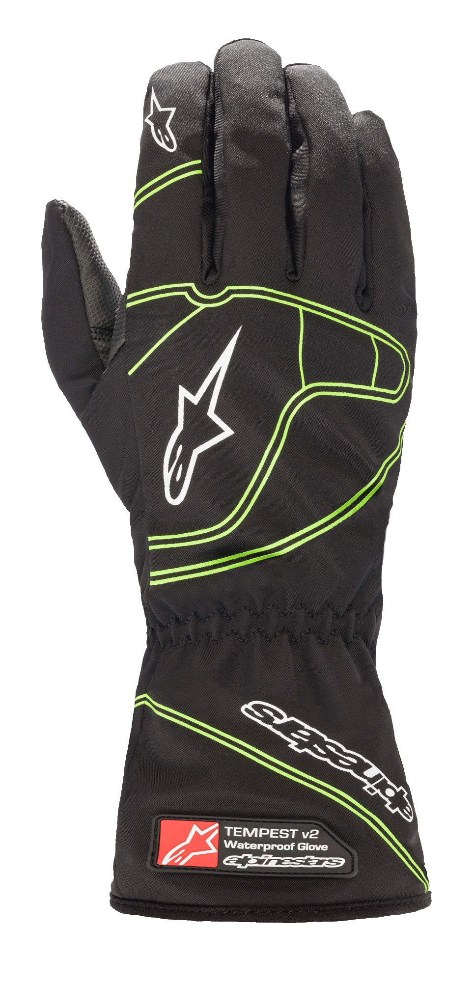 Alpinestars Youth Tempest V2 waterdichte handschoenen, zwart met felgroene accenten, lange manchet met elastische pols, witte sterlogo's op de vingers en handrug, waterdichte textielconstructie voor jeugdkarting