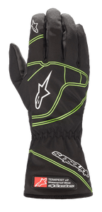 Alpinestars Youth Tempest V2 waterdichte handschoenen, zwart met felgroene accenten, lange manchet met elastische pols, witte sterlogo's op de vingers en handrug, waterdichte textielconstructie voor jeugdkarting