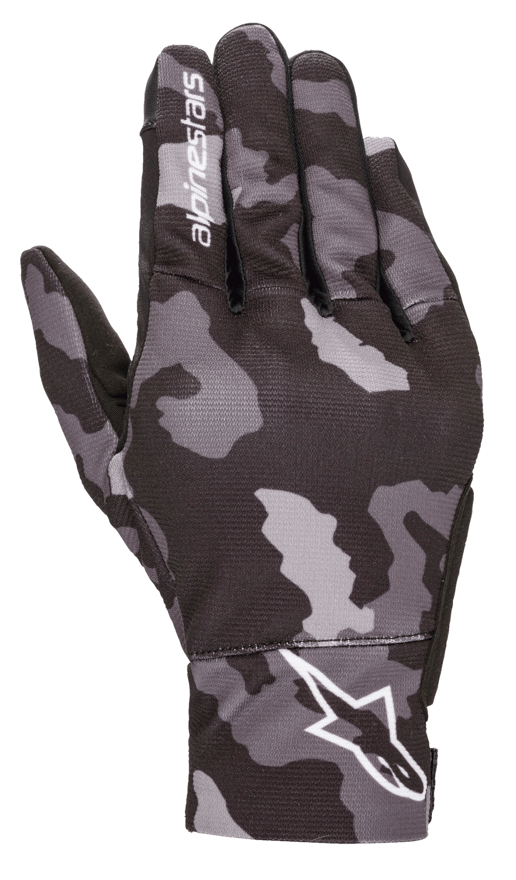 Alpinestars Youth Reef handschoenen, stedelijke motorhandschoenen, Black Gray Camo, bovenaanzicht met grijs camouflagepatroon, witte Alpinestars-branding op de pols en wijsvinger, lichtgewicht stretch textielconstructie