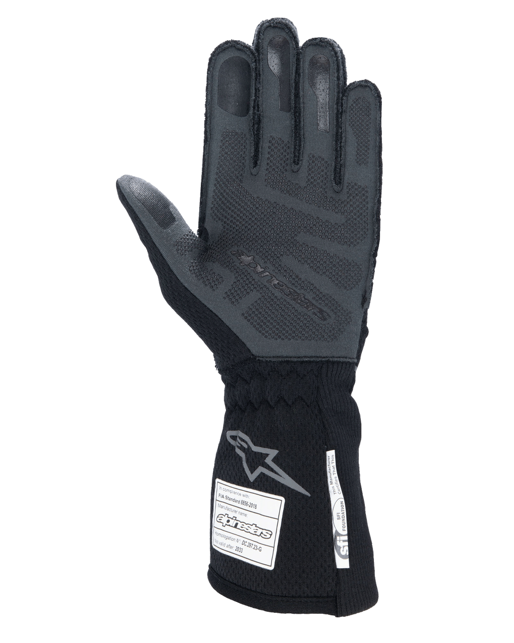 Alpinestars Tech-1 ZX V4 handschoenen, Zwart Antraciet, palmzicht met getextureerde 3D siliconen grip, lange manchet met FIA- en SFI-veiligheidscertificeringslabels, professionele autoracehandschoenen