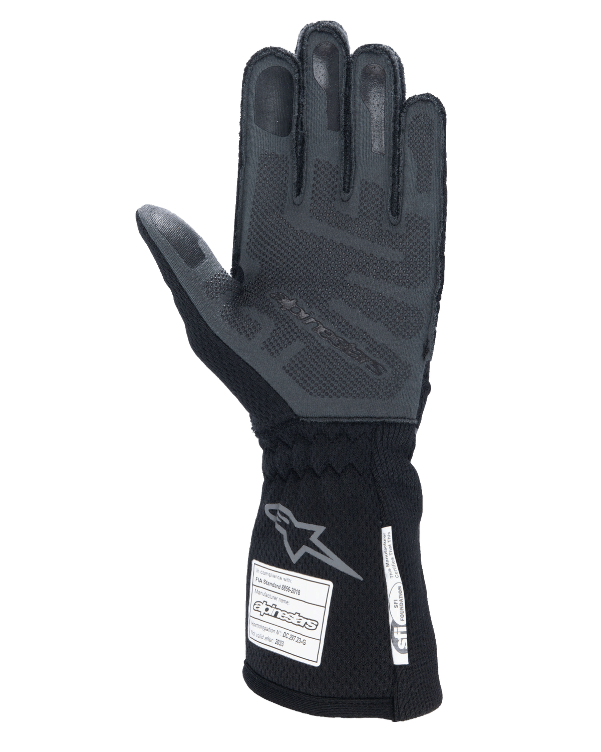 Alpinestars Tech-1 ZX V4 handschoenen, Zwart Antraciet, palmzicht met getextureerde 3D siliconen grip, lange manchet met FIA- en SFI-veiligheidscertificeringslabels, professionele autoracehandschoenen