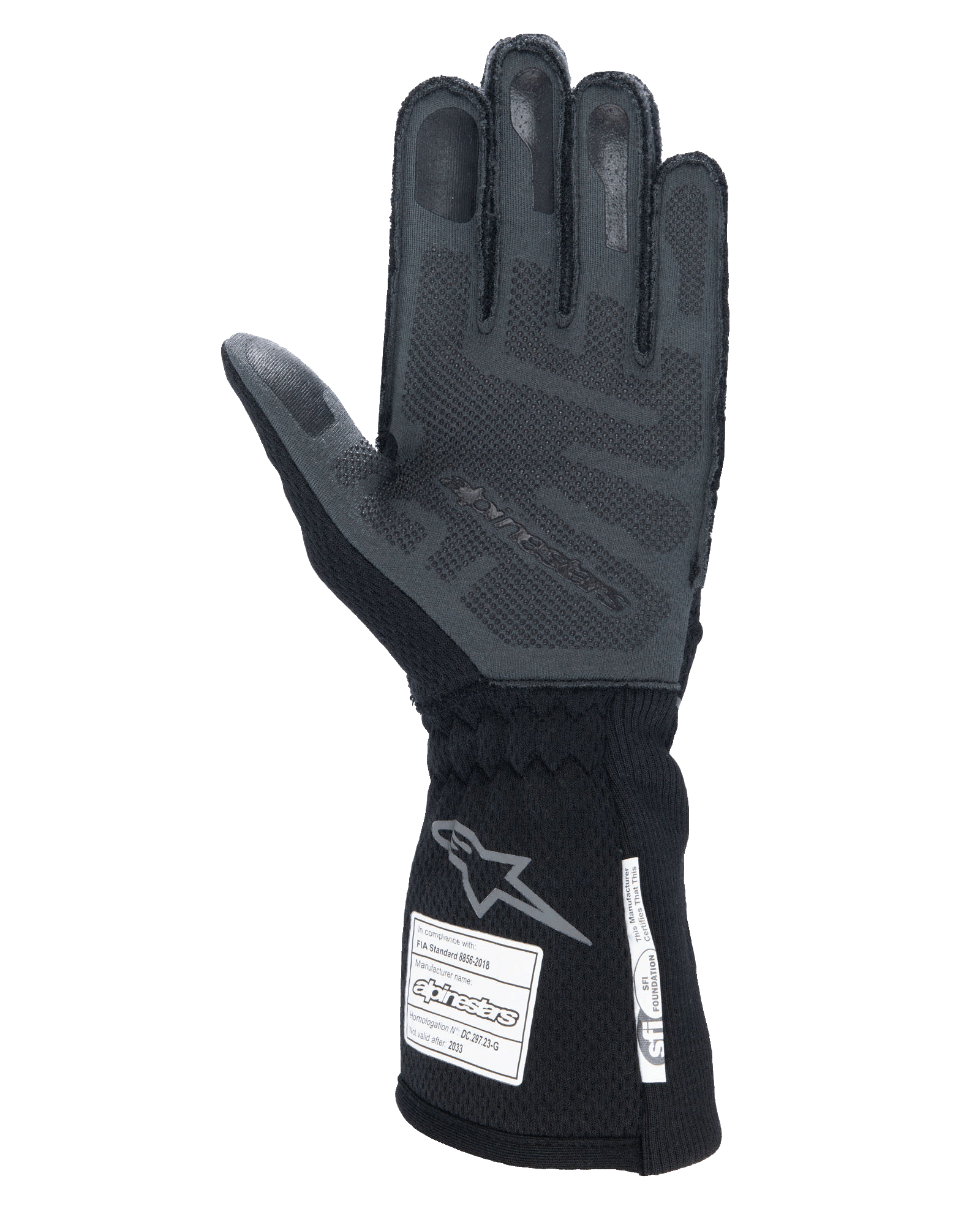 Alpinestars Tech-1 ZX V4 handschoenen, Zwart Antraciet, palmzicht met getextureerde 3D siliconen grip, lange manchet met FIA- en SFI-veiligheidscertificeringslabels, professionele autoracehandschoenen