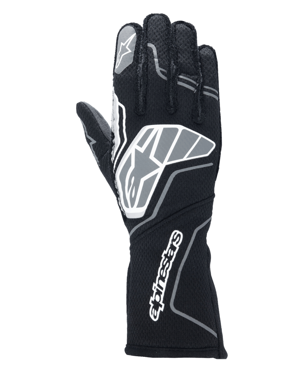 Alpinestars Tech-1 ZX V4 handschoenen, autoracehandschoenen, zwart en antracietgrijs, met een groot sterlogo op de handrug en Alpinestars-woordmerk op de lange manchet, sterlogo op de wijsvinger, professionele vlamvertragende constructie
