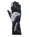 Alpinestars Tech-1 ZX V4 handschoenen, autoracehandschoenen, zwart en antracietgrijs, met een groot sterlogo op de handrug en Alpinestars-woordmerk op de lange manchet, sterlogo op de wijsvinger, professionele vlamvertragende constructie