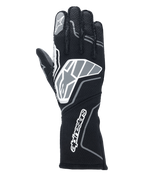 Alpinestars Tech-1 ZX V4 handschoenen, autoracehandschoenen, zwart en antracietgrijs, met een groot sterlogo op de handrug en Alpinestars-woordmerk op de lange manchet, sterlogo op de wijsvinger, professionele vlamvertragende constructie