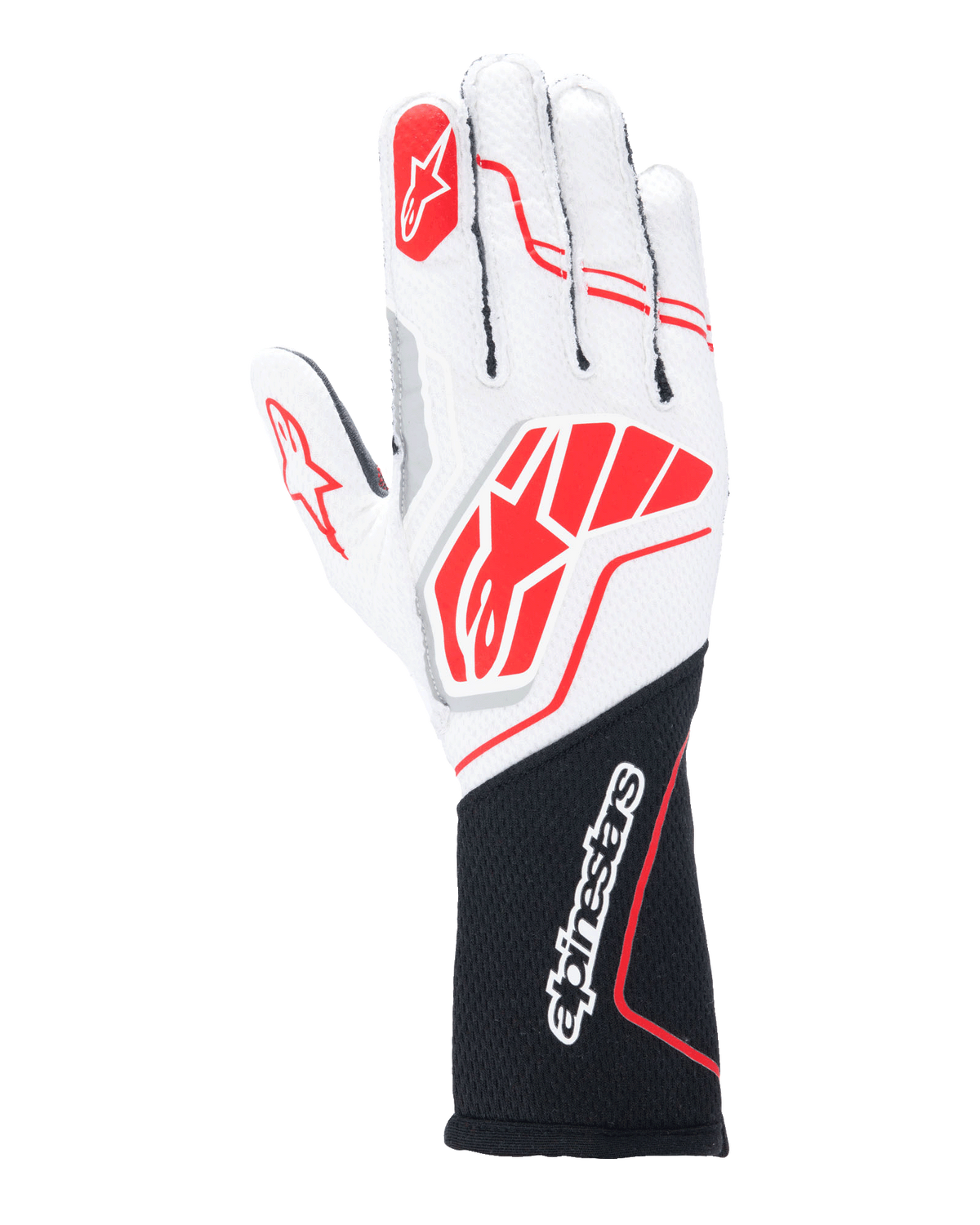 Alpinestars Tech-1 ZX V4 handschoenen, autoracehandschoenen, wit en zwart met rode accenten, getextureerde honingraatstof met externe naden, groot rood logo op de rug van de hand, zwart verlengd polsgedeelte met wit Alpinestars-woordmerk