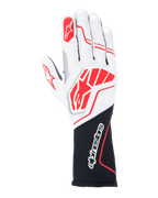 Gants Alpinestars Tech-1 ZX V4, gants de course automobile, blanc et noir avec détails rouges, tissu alvéolé texturé avec coutures extérieures, grand logo rouge sur le dos de la main, poignet long noir avec inscription Alpinestars blanche