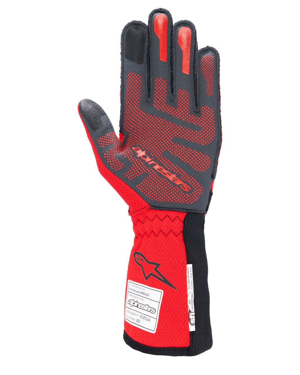 Alpinestars Tech-1 ZX V4 handschoenen, autorace-handschoenen, zwart en rood, handpalmzijde met rood 3D-siliconen grippatroon en FIA/SFI-homologatielabels op de manchet, ontworpen voor hoogwaardige autosport