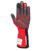 Alpinestars Tech-1 ZX V4 handschoenen, autorace-handschoenen, zwart en rood, handpalmzijde met rood 3D-siliconen grippatroon en FIA/SFI-homologatielabels op de manchet, ontworpen voor hoogwaardige autosport