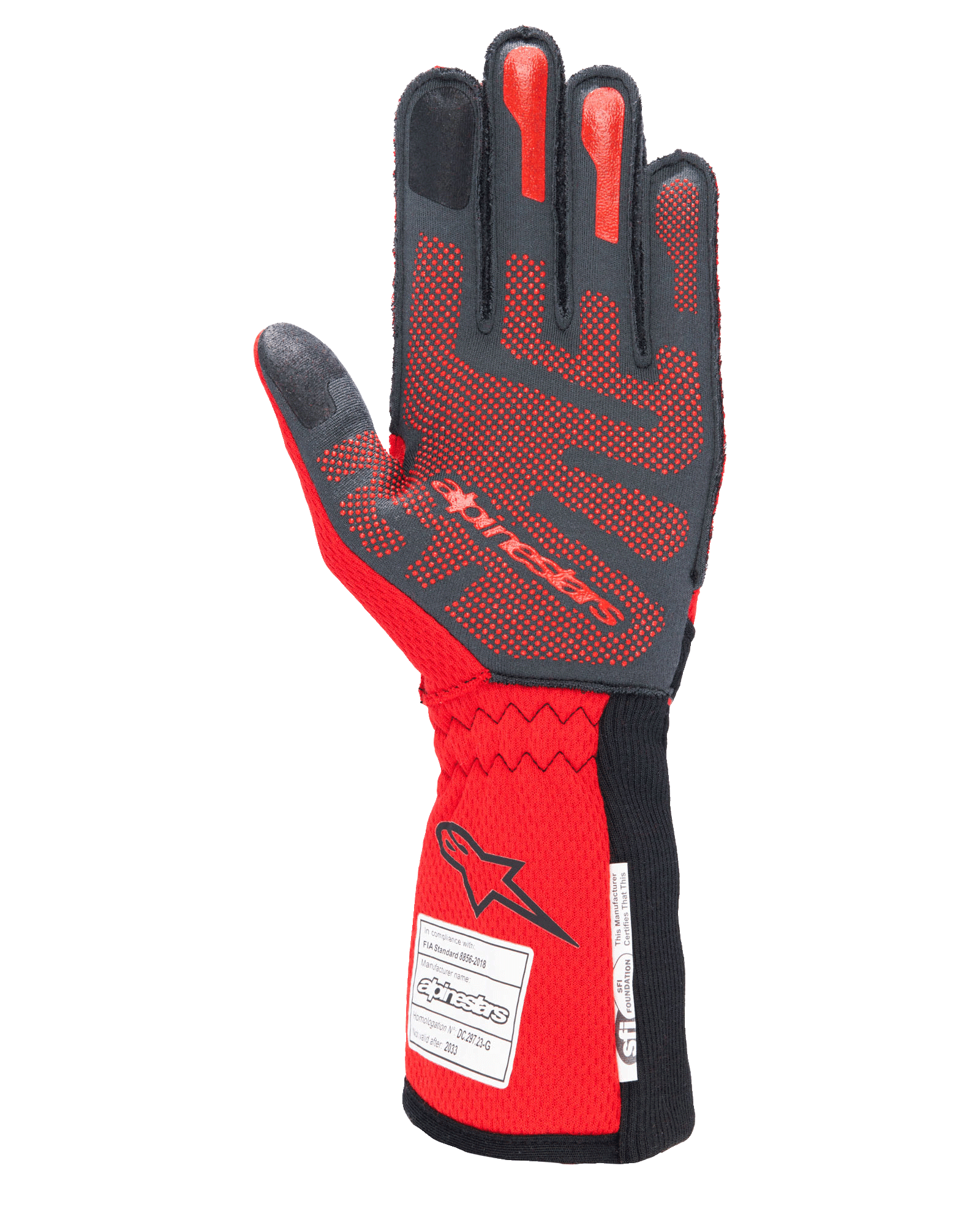 Alpinestars Tech-1 ZX V4 handschoenen, autorace-handschoenen, zwart en rood, handpalmzijde met rood 3D-siliconen grippatroon en FIA/SFI-homologatielabels op de manchet, ontworpen voor hoogwaardige autosport