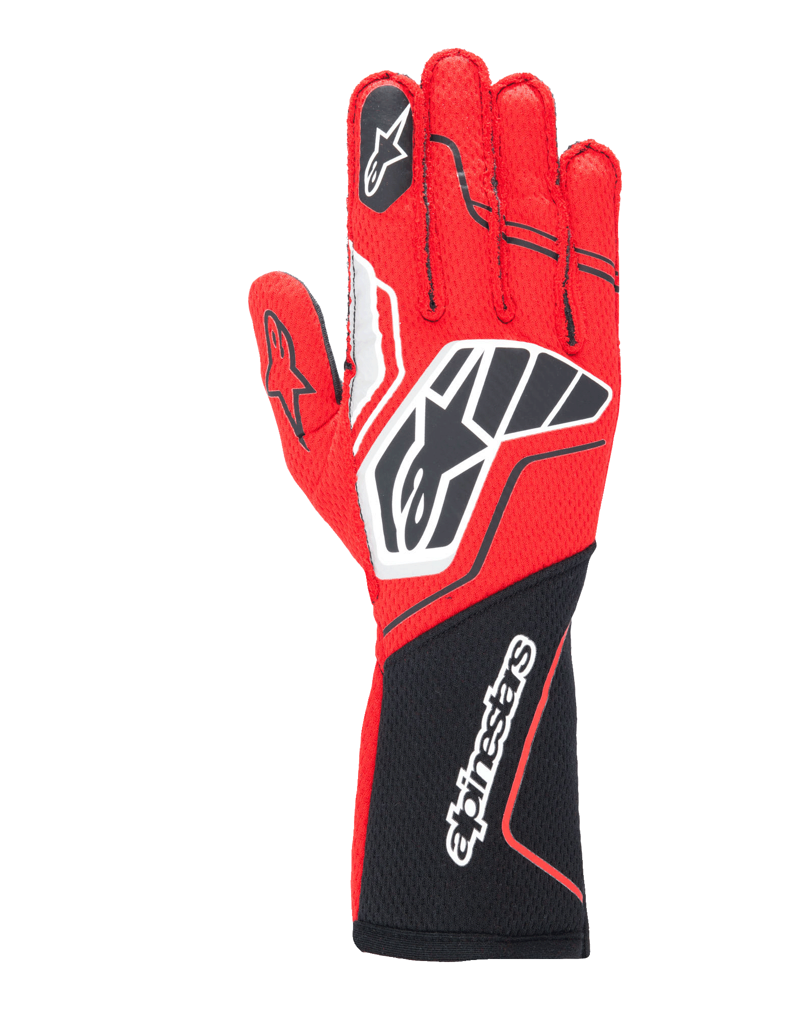 Alpinestars Tech-1 ZX V4 handschoenen, professionele autoracehandschoenen, rood en zwart met witte accenten, honingraatstofconstructie, grote branding, ergonomisch ontwerp voor autosportprestaties
