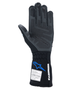 Alpinestars Tech-1 ZX V4 handschoenen, autoracehandschoenen, zwart en blauw, palmweergave met grijze 3D siliconen griptechnologie, met FIA- en SFI-certificeringslabels op de manchet, professionele motorsportbescherming