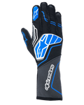 Alpinestars Tech-1 ZX V4 handschoenen, autoracehandschoenen, zwart met blauwe en grijze accenten, voorzien van het witte Alpinestars ster-logo en woordmerk, honingraatstofconstructie, professionele motorsportuitrusting